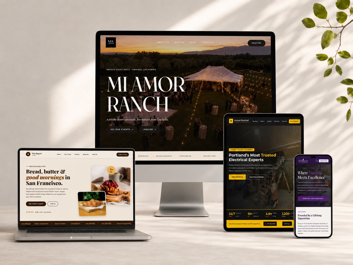 Four sites built by Trukoder shown on a desktop monitor, laptop, tablet and phone